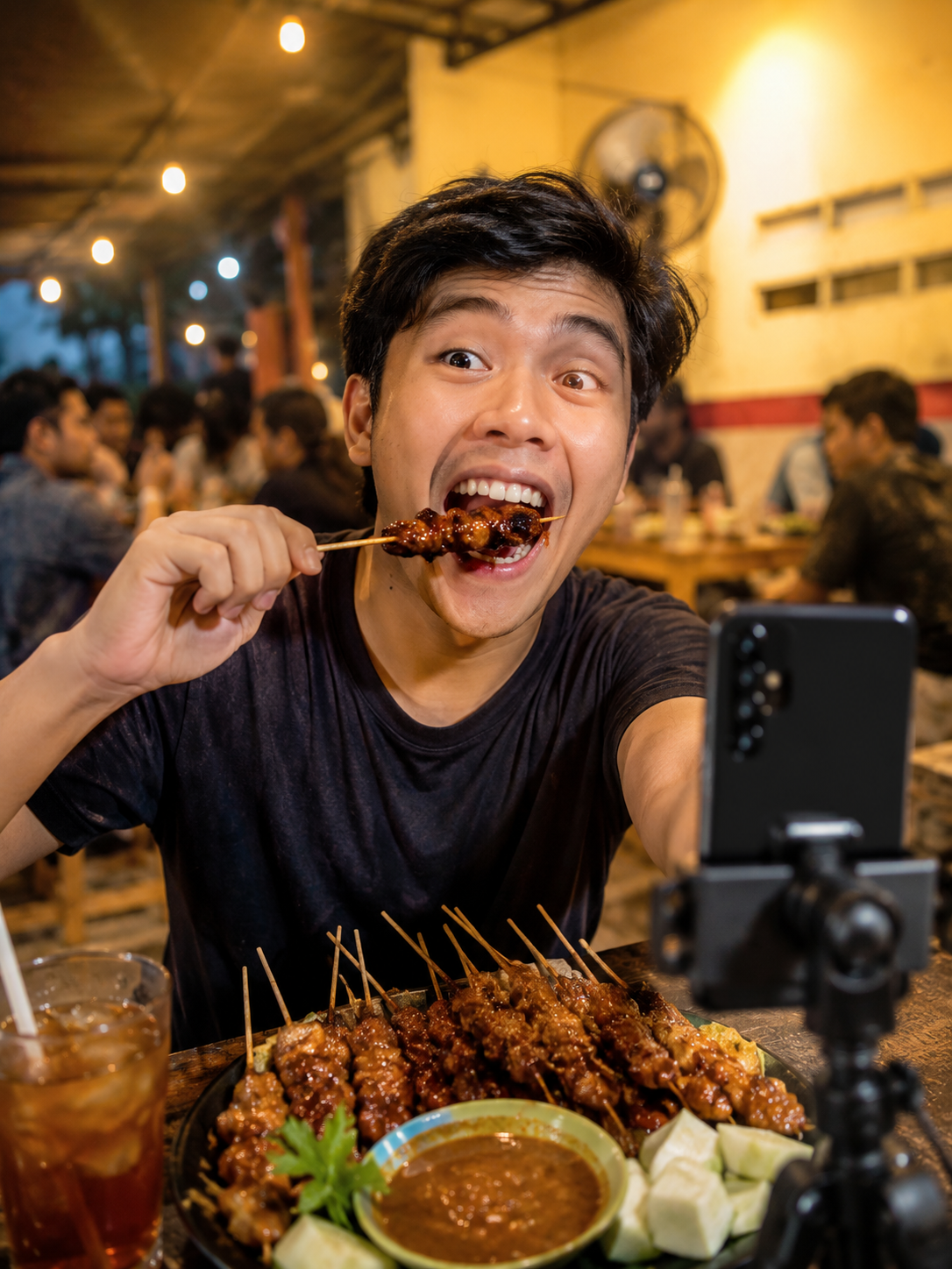 Solo creator pakai tripod, review/mukbang ekspresif